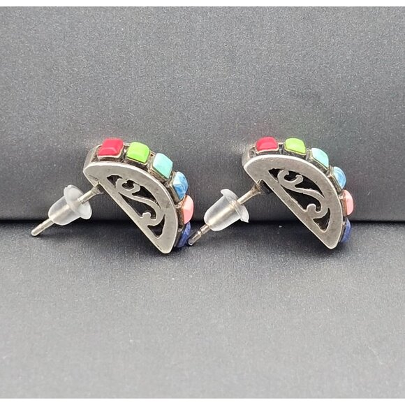 VTG Sterling Silver Multi Gemstone Earrings 5/8"x1/4" Filigree Accents Signed HS - Picture 3 of 9